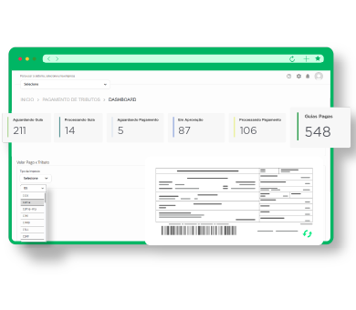 Sistema de gerenciamento de tributos do Dootax mostrando painel de pagamento e processamento de documentos fiscais digitalizados.