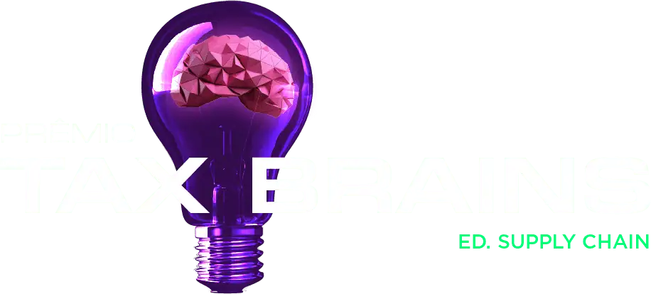 Lâmpada com cérebro geométrico em destaque, simbolizando inovação e inteligência no prêmio Tax Brains da Dootax.