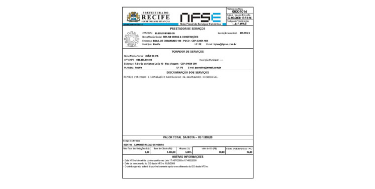 1. Comprovante de serviços e nota fiscal eletrônica do Recife, emitida pela Prefeitura, para facilitar a gestão tributária e documental.